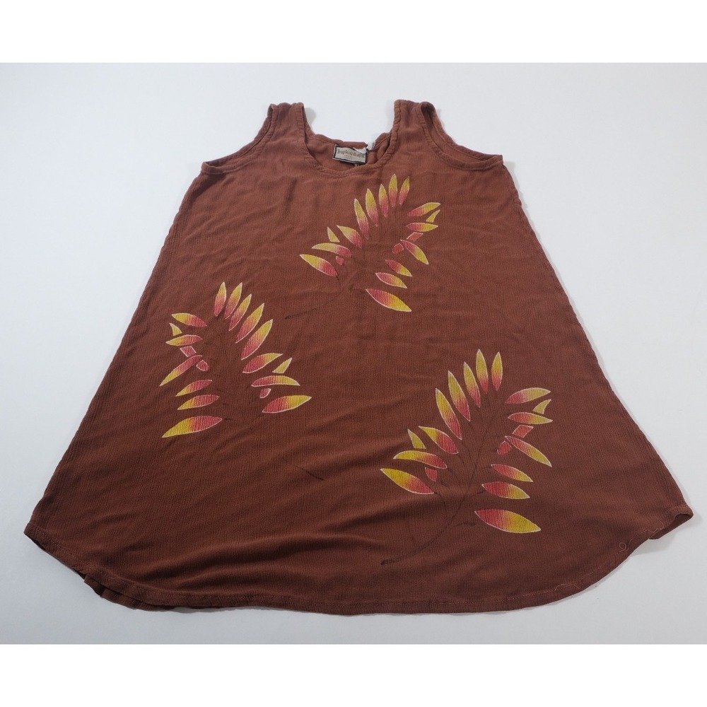 Tropical Batik Dress Womens OS Brown Leaf Print Sleeveless Rayon Tunic Mini
